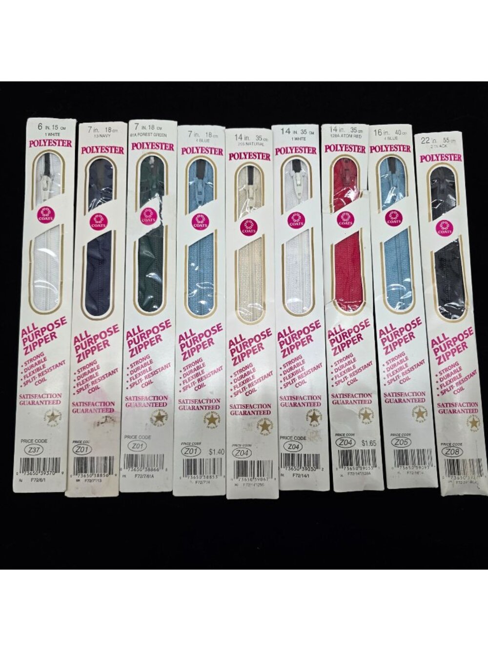 Coats Polyester All-Purpose Zippers Assorted Sizes & Colors New